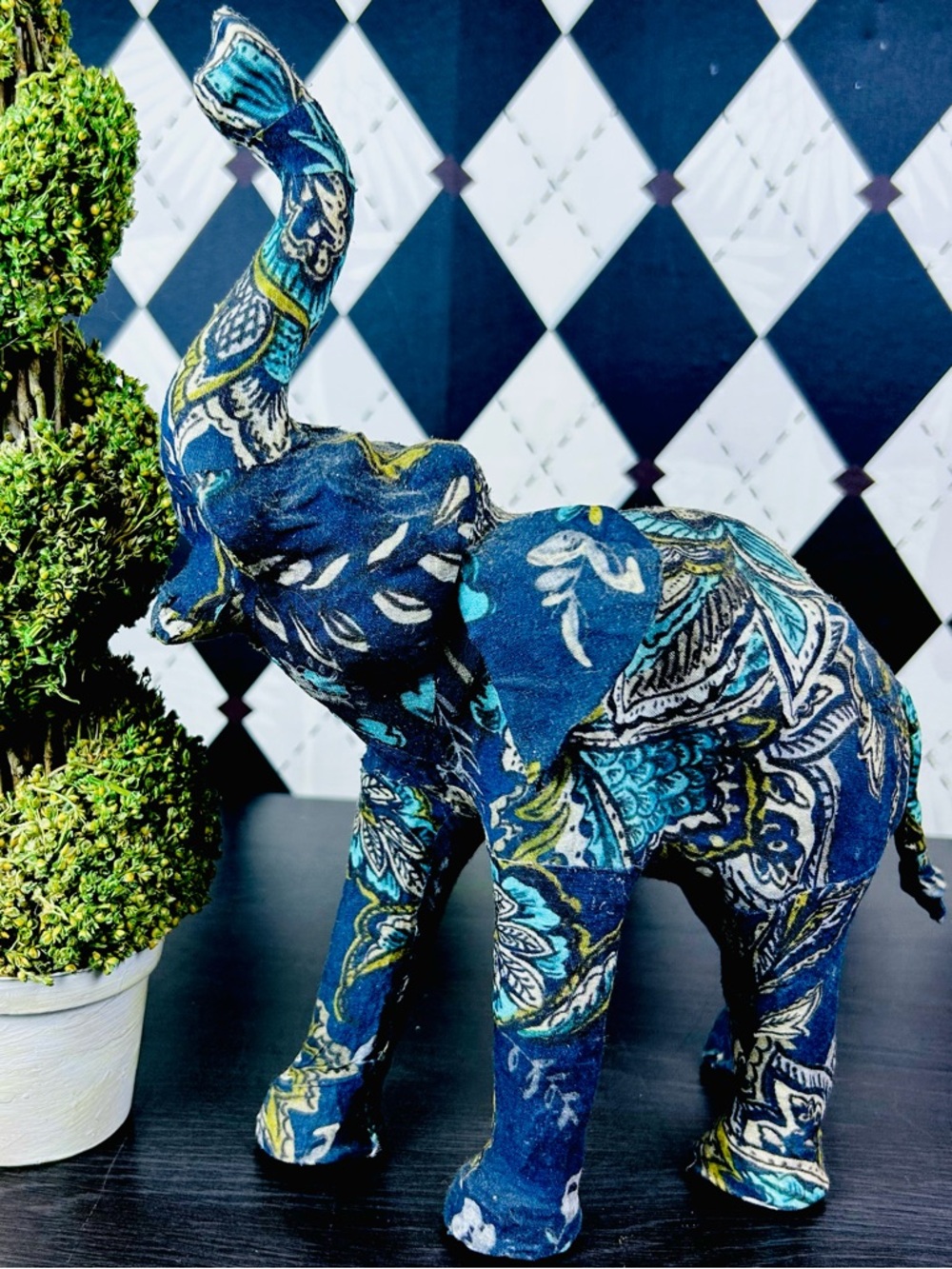 Blue Paisley Elephant Decor Boho Fabric Wrapped Sculpture Figurine Vintage
